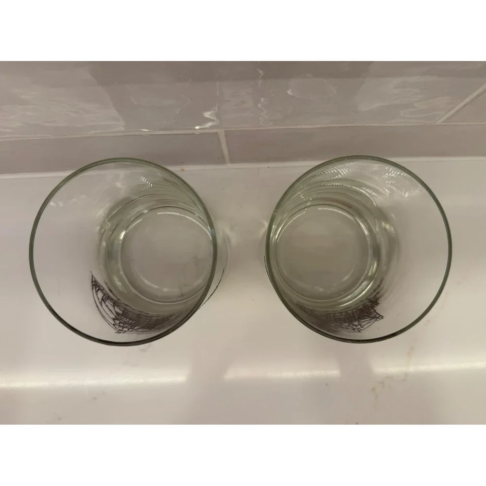 Vintage Ship Whiskey Glasses Set of 2 Brown Nautical Sailing Boat Rocks Tumblers